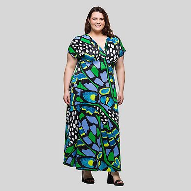 Plus Size 24Seven Comfort Apparel V-Neck Empire Waist Cap Sleeve Maxi Dress