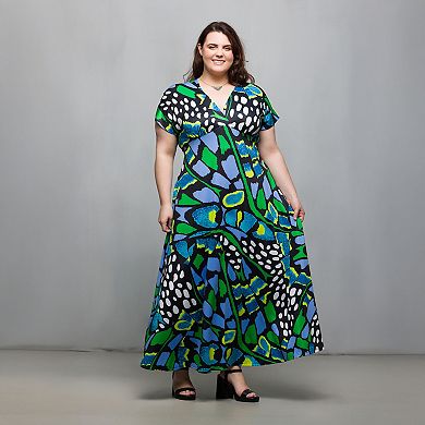 Plus Size 24Seven Comfort Apparel V-Neck Empire Waist Cap Sleeve Maxi Dress