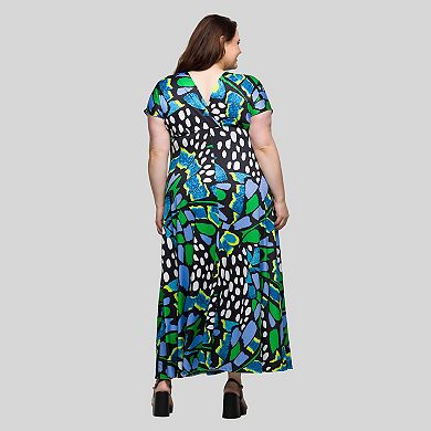 Plus Size 24Seven Comfort Apparel V-Neck Empire Waist Cap Sleeve Maxi Dress