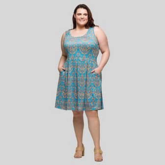 Plus Size 24Seven Comfort Apparel Sleeveless Pleated Knee Length Dress