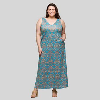 Plus Size 24Seven Comfort Apparel Geometric Sleeveless V-Neck Pocket Maxi Dress