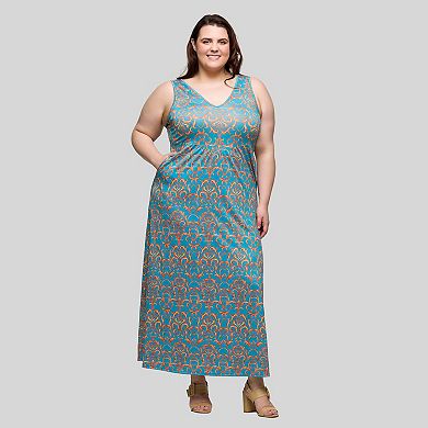 Plus Size 24Seven Comfort Apparel Geometric Sleeveless V-Neck Pocket Maxi Dress