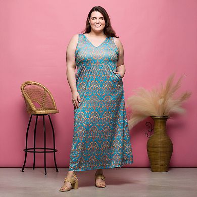 Plus Size 24Seven Comfort Apparel Geometric Sleeveless V-Neck Pocket Maxi Dress