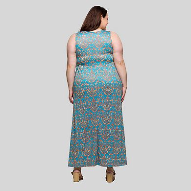 Plus Size 24Seven Comfort Apparel Geometric Sleeveless V-Neck Pocket Maxi Dress