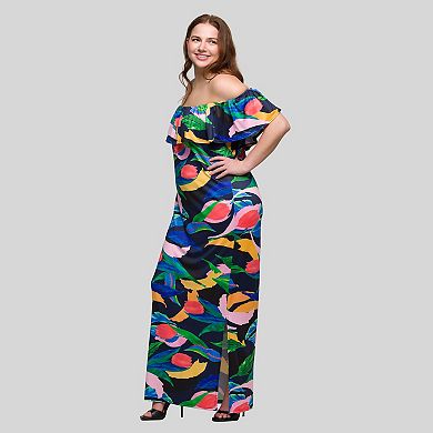 Plus Size 24Seven Comfort Apparel Abstract Off Shoulder Maxi Dress