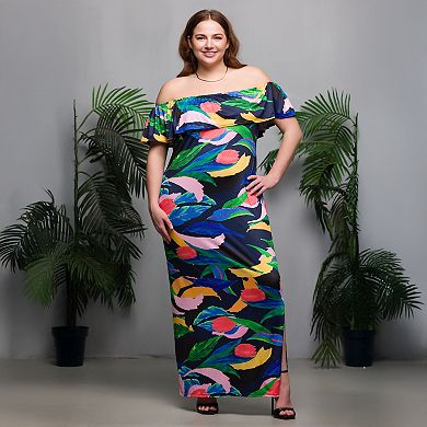 Plus Size 24Seven Comfort Apparel Abstract Off Shoulder Maxi Dress