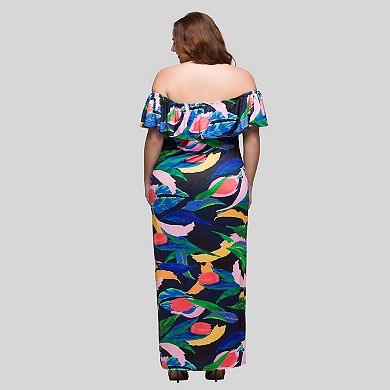Plus Size 24Seven Comfort Apparel Abstract Off Shoulder Maxi Dress