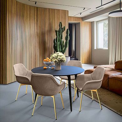 LeisureMod Markley Modern Leather Dining Arm Chair With Gold Legs in Taupe