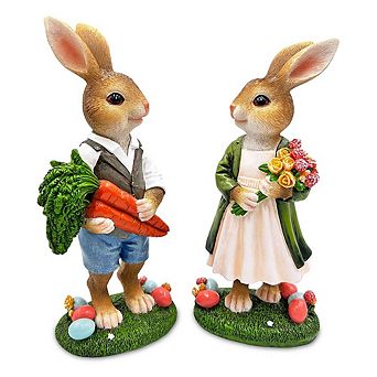 Harvest and Bloom Country Bunny Pair Figurine, 8" Rabbit Garden Statue Set