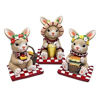 Joyful Picnic Gathering Bunny Trio Set of Three Figurines, Spring Rabbit Statue 4.5" Decor