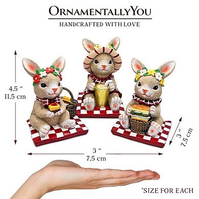 Joyful Picnic Gathering Bunny Trio Set of Three Figurines, Spring Rabbit Statue 4.5" Decor