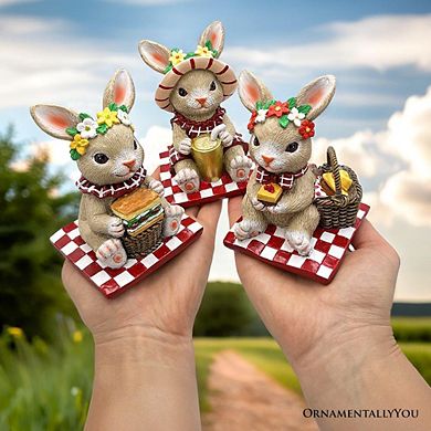 Joyful Picnic Gathering Bunny Trio Set of Three Figurines, Spring Rabbit Statue 4.5" Decor