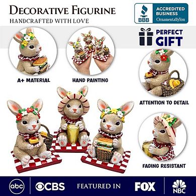 Joyful Picnic Gathering Bunny Trio Set of Three Figurines, Spring Rabbit Statue 4.5" Decor