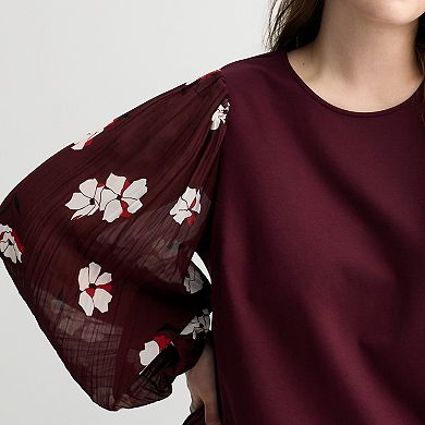 Plus Size Nine West Mixed Media Puff Sleeve Top