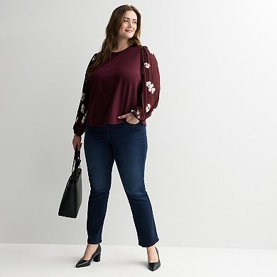 Plus Size Nine West Mixed Media Puff Sleeve Top