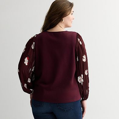 Plus Size Nine West Mixed Media Puff Sleeve Top