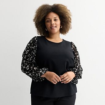 Plus Size Nine West Mixed Media Puff Sleeve Top