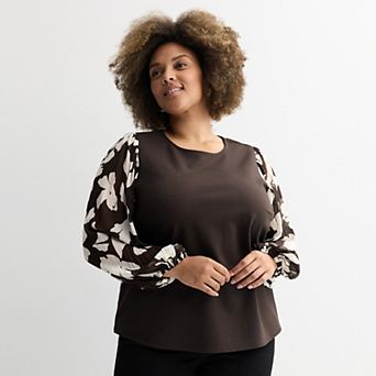 Plus Size Nine West Mixed Media Puff Sleeve Top