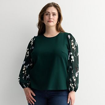 Plus Size Nine West Mixed Media Puff Sleeve Top