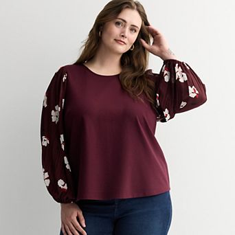 Plus Size Nine West Mixed Media Puff Sleeve Top