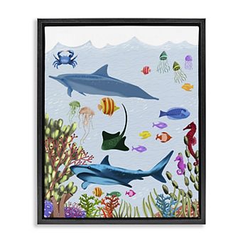 Stupell Home Decor Sharks & Fish Underwater Framed Floating Canvas Wall Art