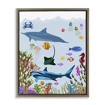 Stupell Home Decor Sharks & Fish Underwater Framed Floating Canvas Wall Art