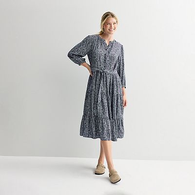 three quarter sleeve midi casual dresses for women CASUAL LINEN MIDI DRESS WITH THREE-QUARTER SLEEVE CUT  Loopy Wear