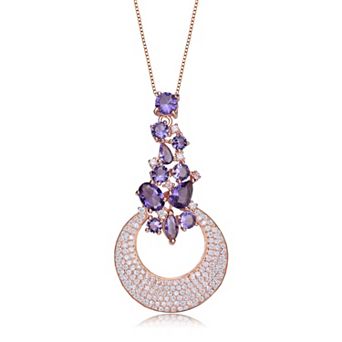 Rose Gold Tone Over Silver White & Purple Cubic Zirconia Pendant Necklace
