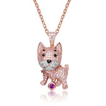 Rose Gold Tone Over Sterling Silver Enamel & Cubic Zirconia Dog Pendant Necklace