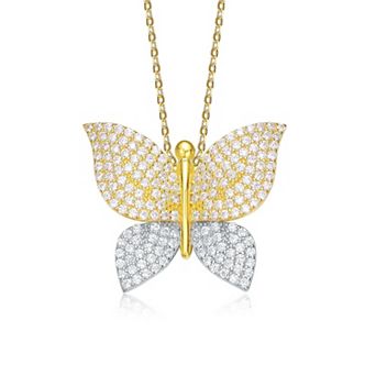 Megan Walford Two Tone Sterling Silver Cubic Zirconia Butterfly Pendant Necklace