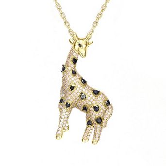 Gold Tone Over Silver Champagne & Black Cubic Zirconia Iced Out Giraffe Pendant Necklace