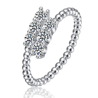 Sterling Silver Cubic Zirconia Coiled Bead Stacking Bypass Ring