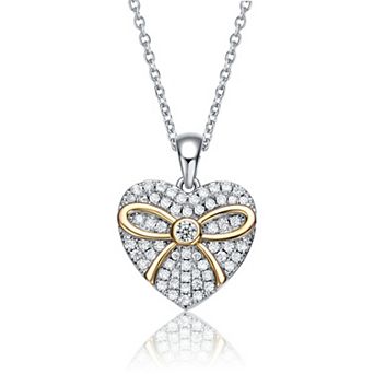 Megan Walford Two Tone Sterling Silver Cubic Zirconia Heart Bow Pendant Necklace