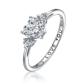 Sterling Silver Three-Stone Heart Cubic Zirconia "I Love You" Ring