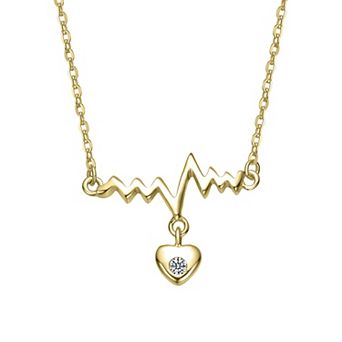 14k Gold Over Silver Cubic Zirconia Heartbeat & Heart Pendant Necklace
