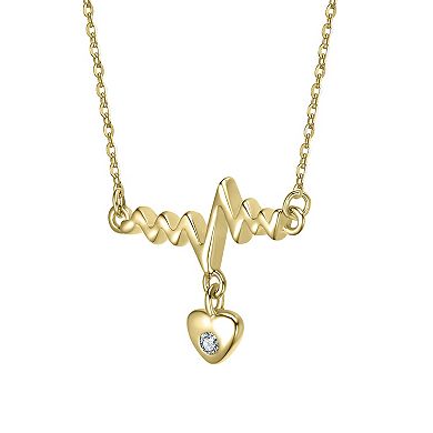 14k Gold Over Silver Cubic Zirconia Heartbeat & Heart Pendant Necklace