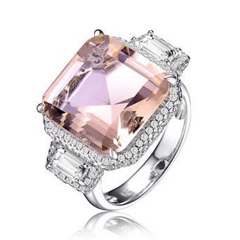 Sterling Silver Colored Asscher-Cut & Clear Emerald-Cut Cubic Zirconia Halo Three-Stone Ring