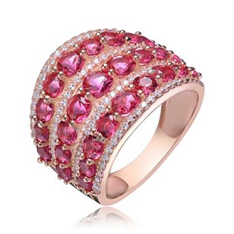 Rose Gold Tone Sterling Silver Red Cubic Zirconia 3-Row Ring