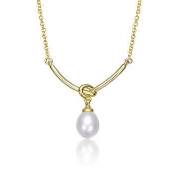 Gold Tone Over Sterling Silver White Egg Shaped Freshwater Pearl Y-Shaped Necklace