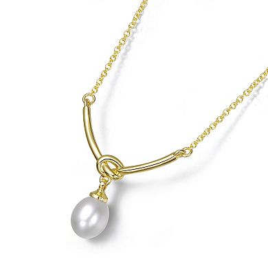 Gold Tone Over Sterling Silver White Egg Shaped Freshwater Pearl Y-Shaped Necklace