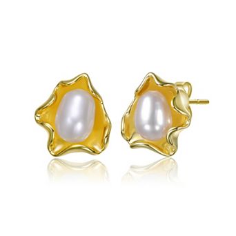 14k Gold Over Silver Freshwater Cultured Pearl Wave Stud Earrings
