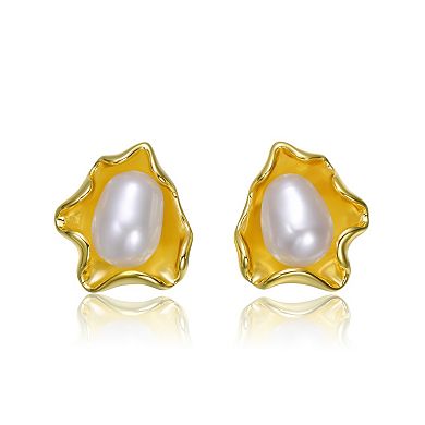 14k Gold Over Silver Freshwater Cultured Pearl Wave Stud Earrings