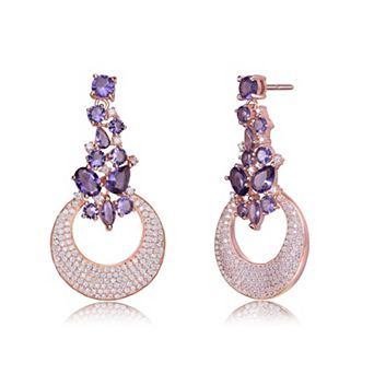 Rose Gold Tone Over Silver White & Purple Cubic Zirconia Crescent Moon Dangle Earrings