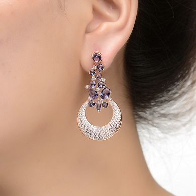 Rose Gold Tone Over Silver White & Purple Cubic Zirconia Crescent Moon Dangle Earrings