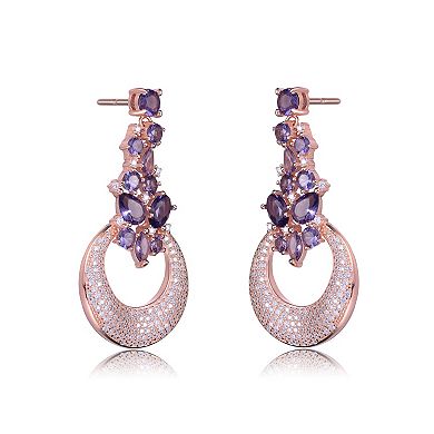 Rose Gold Tone Over Silver White & Purple Cubic Zirconia Crescent Moon Dangle Earrings