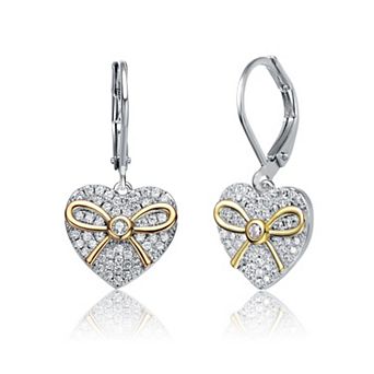 Megan Walford Two Tone Sterling Silver Cubic Zirconia Heart Bow Leverback Earrings
