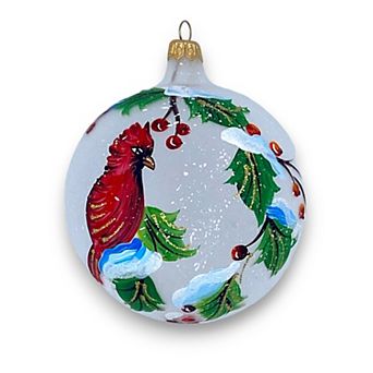 Discover Europe Made in Italy Cardinal Holly Glass Ball Christmas Ornament