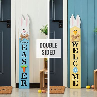 Glitzhome 42"H Wooden Double-Sided Easter Welcome Porch Sign with Bunny Ears