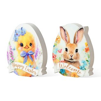 Glitzhome 6"H Set of 2 Easter Wooden & Epoxy Egg Chick Table Decor