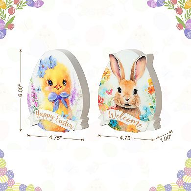 Glitzhome 6"H Set of 2 Easter Wooden & Epoxy Egg Chick Table Decor